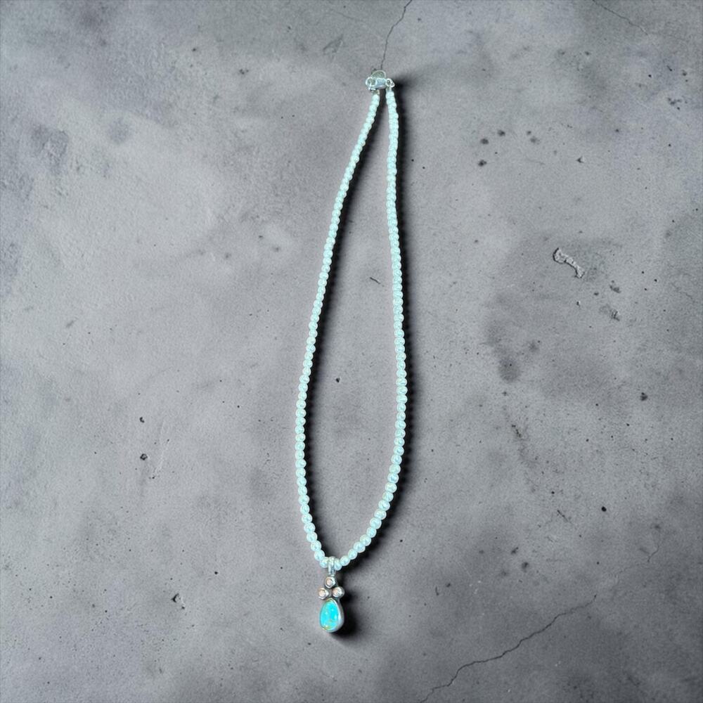 Tiny Pearl Turquoise Pendant Necklace Southwestern F.L.D. Signed 16”